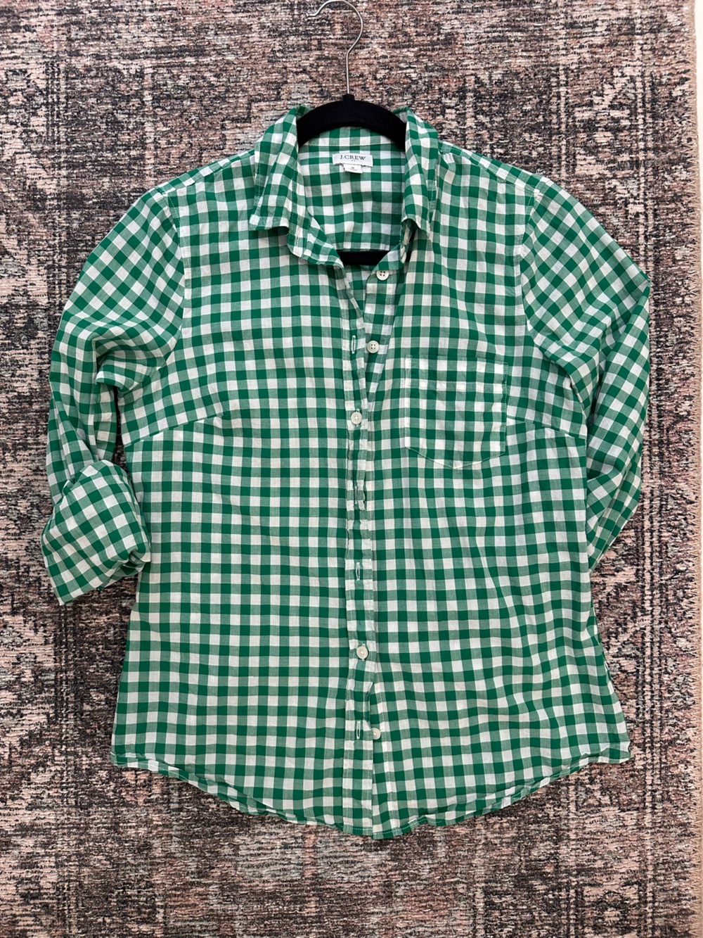 J. Crew Factory Gingham Button-Down Shirt (Green and White)